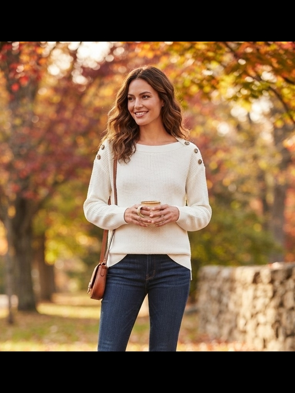 Ann Taylor Cream Crewneck Sweater with Shoulder Buttons